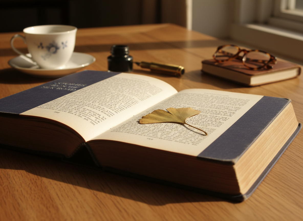 A weathered hardback book with a deep indigo cloth cover and embossed silver title, lying open on an oak table. The pages curve gently, showing dense, serif text and a single dried ginkgo leaf pressed between them. Around it, faintly out of focus, are a porcelain cup of cooling tea, a brass fountain pen, and a pair of tortoiseshell reading glasses. Late afternoon light enters from an unseen window, casting long, soft shadows and a warm golden tone across the scene. Photographic realism, shot at eye level with a shallow depth of field, creating an intimate, sophisticated atmosphere of reflective, solitary reading.