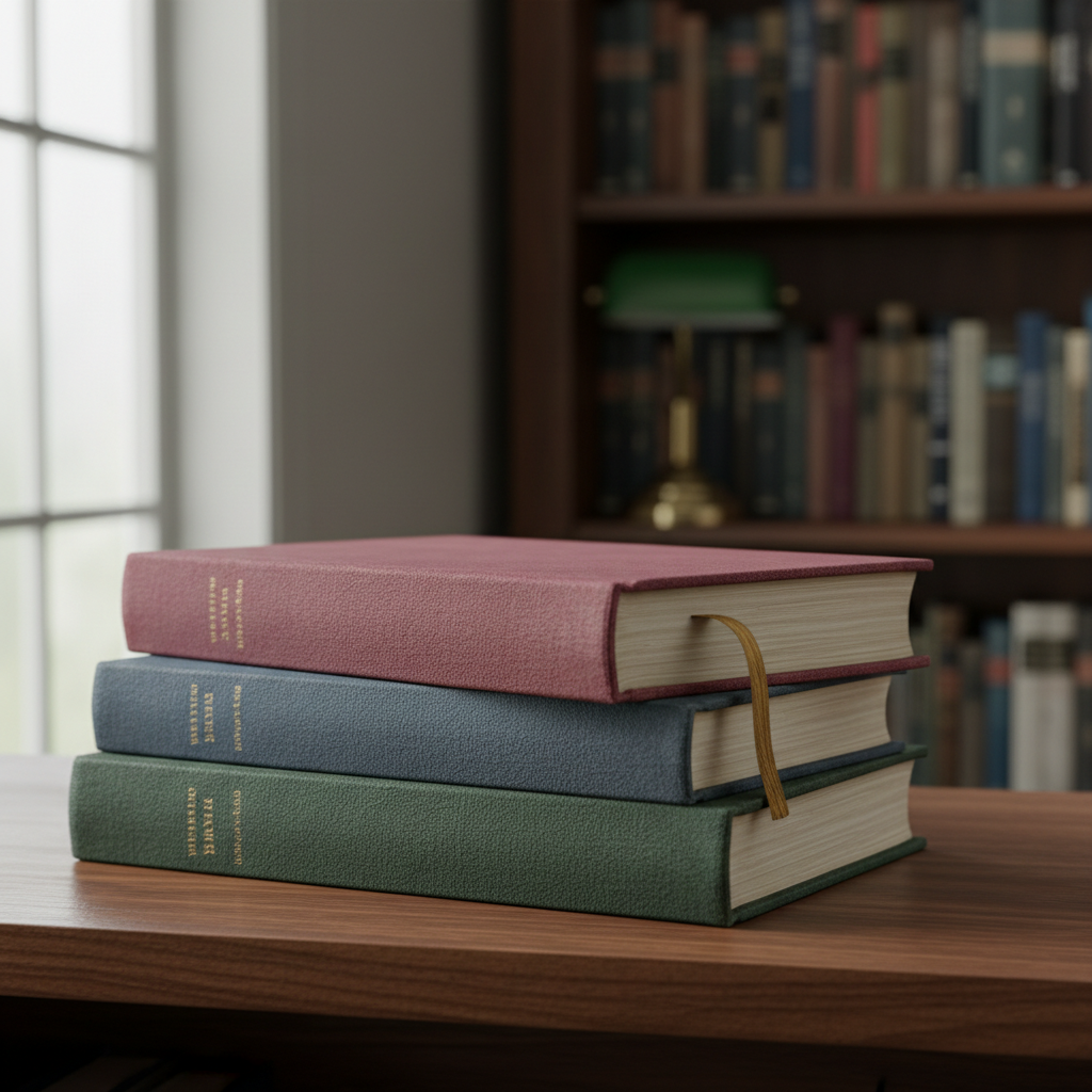 A small stack of classic novels with mismatched cloth bindings in muted burgundy, forest green, and ink blue, neatly aligned on a dark walnut shelf. The top book is slightly pulled forward, revealing deckled page edges and a thin silk bookmark peeking out. In the background, out of focus, are more shelves fading into shadow, filled with well-loved spines and a single, vintage brass library lamp. Soft, diffused overcast light from a nearby window creates a gentle gradient of illumination, highlighting textures of cloth and paper. Photographic realism, composed using the rule of thirds, calm and nostalgic, suggesting a private library devoted to society, memory, and literature.